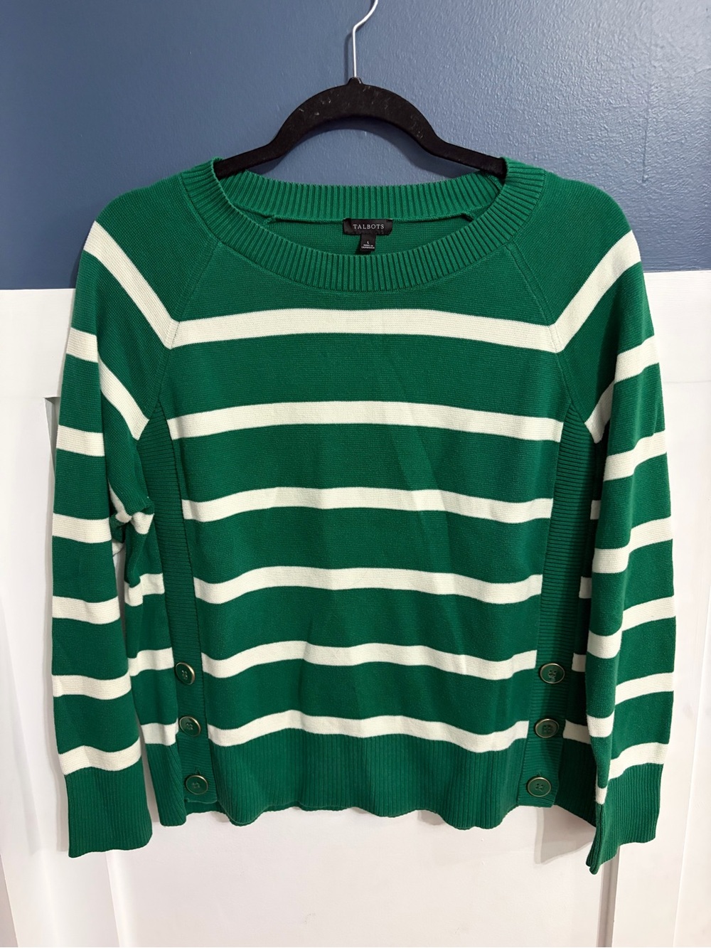 Talbots Women's Button Detail Crewneck Sweater Mariner Stripe Green/White Size L